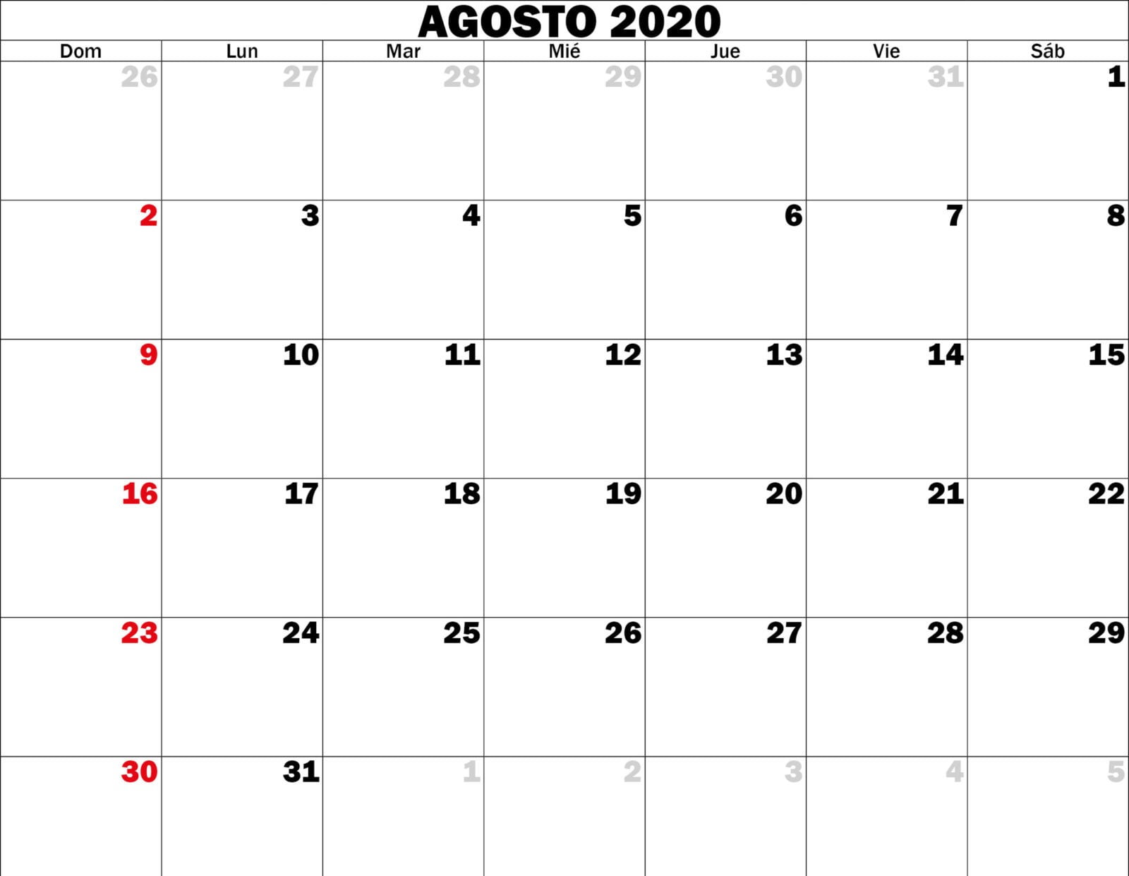 Calendario agosto 2020