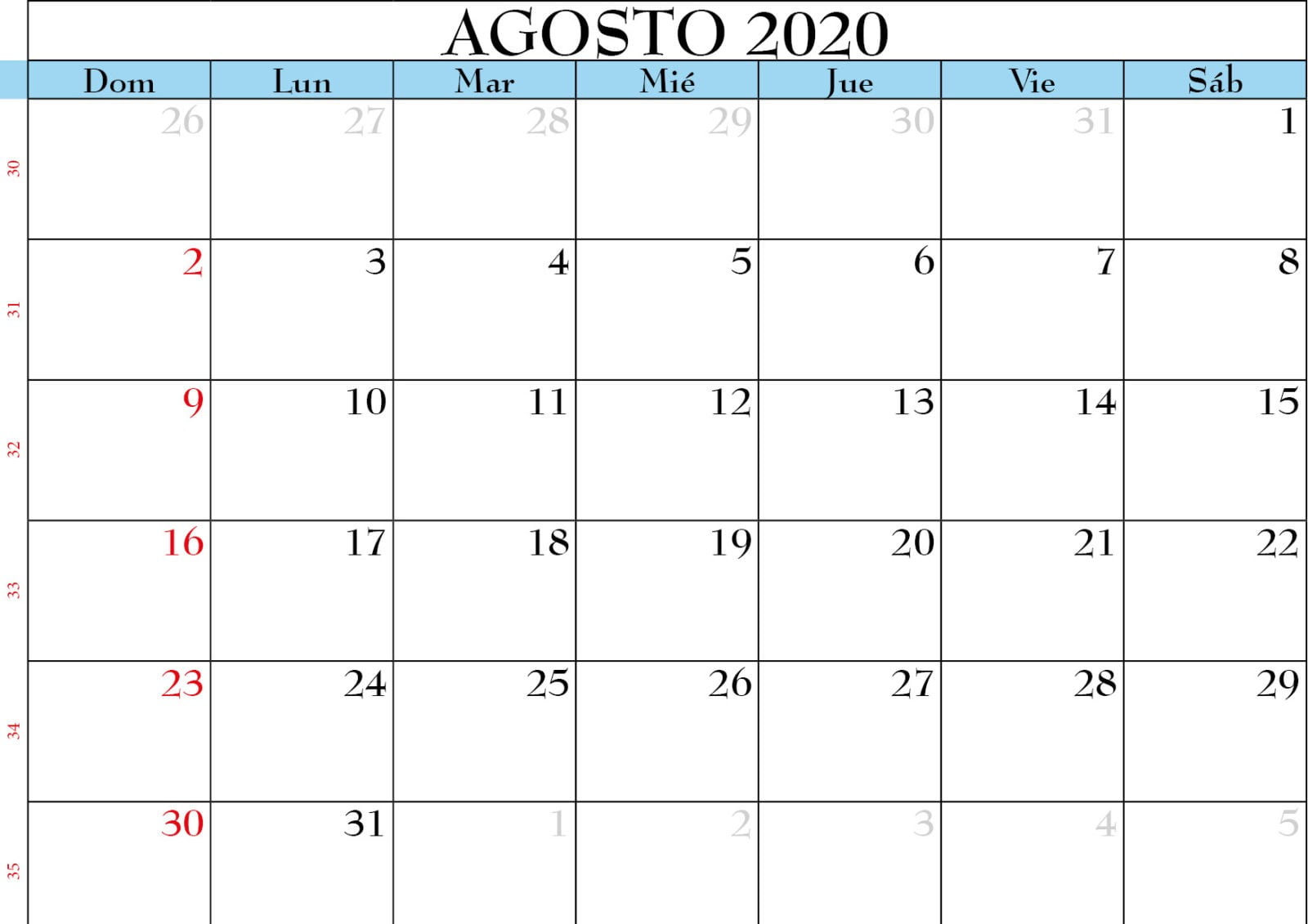 calendario de agosto 2020