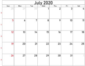 Download Free Blank And Printable July 2020 Calendar