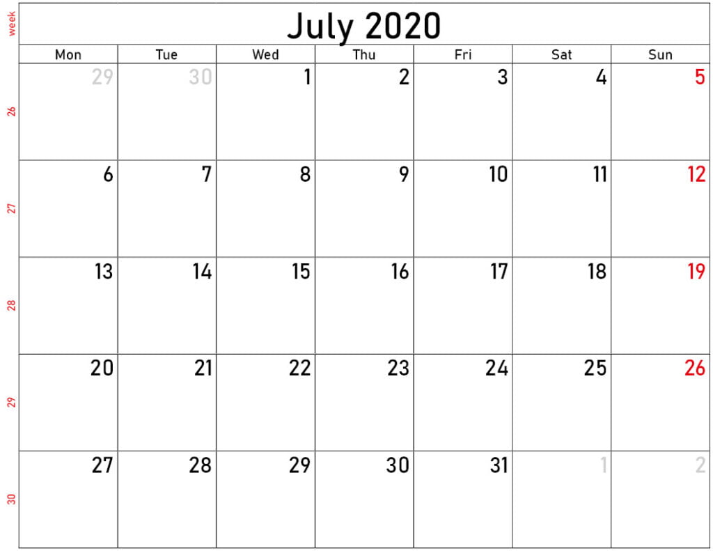 Download Free Blank And Printable July 2020 Calendar