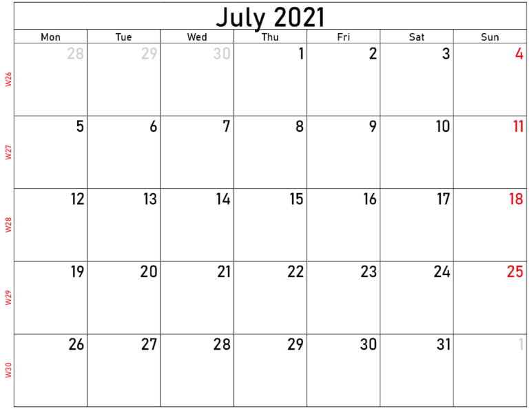 Download Free Blank And Printable July 2020 Calendar