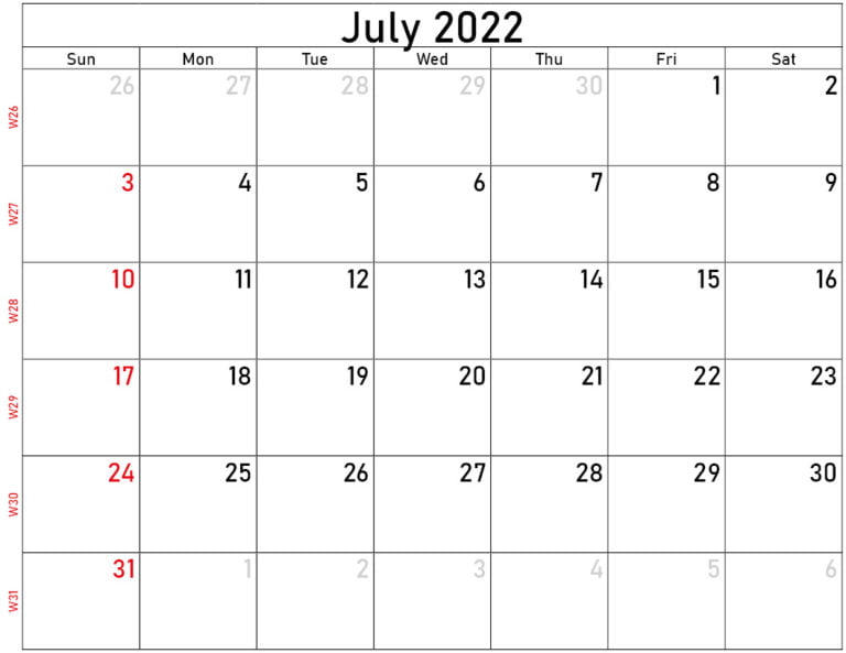 Download Free Blank And Printable July 2020 Calendar