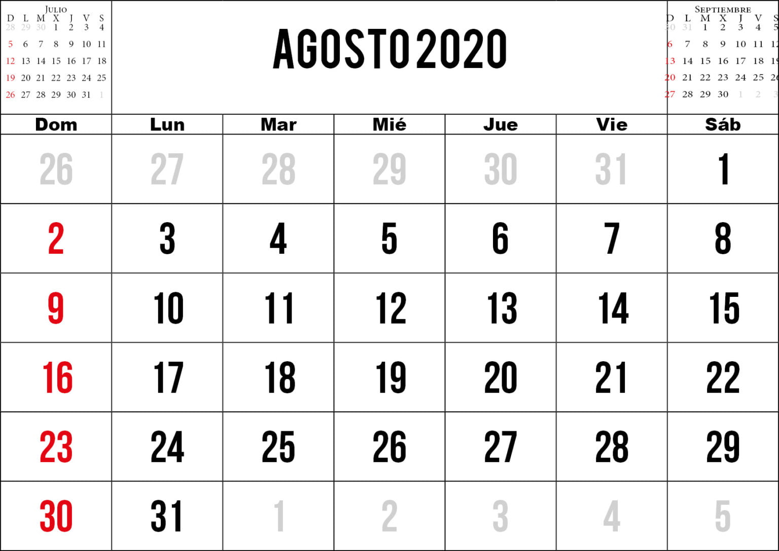 Plantilla De Calendario De Agosto 2020 En Blanco