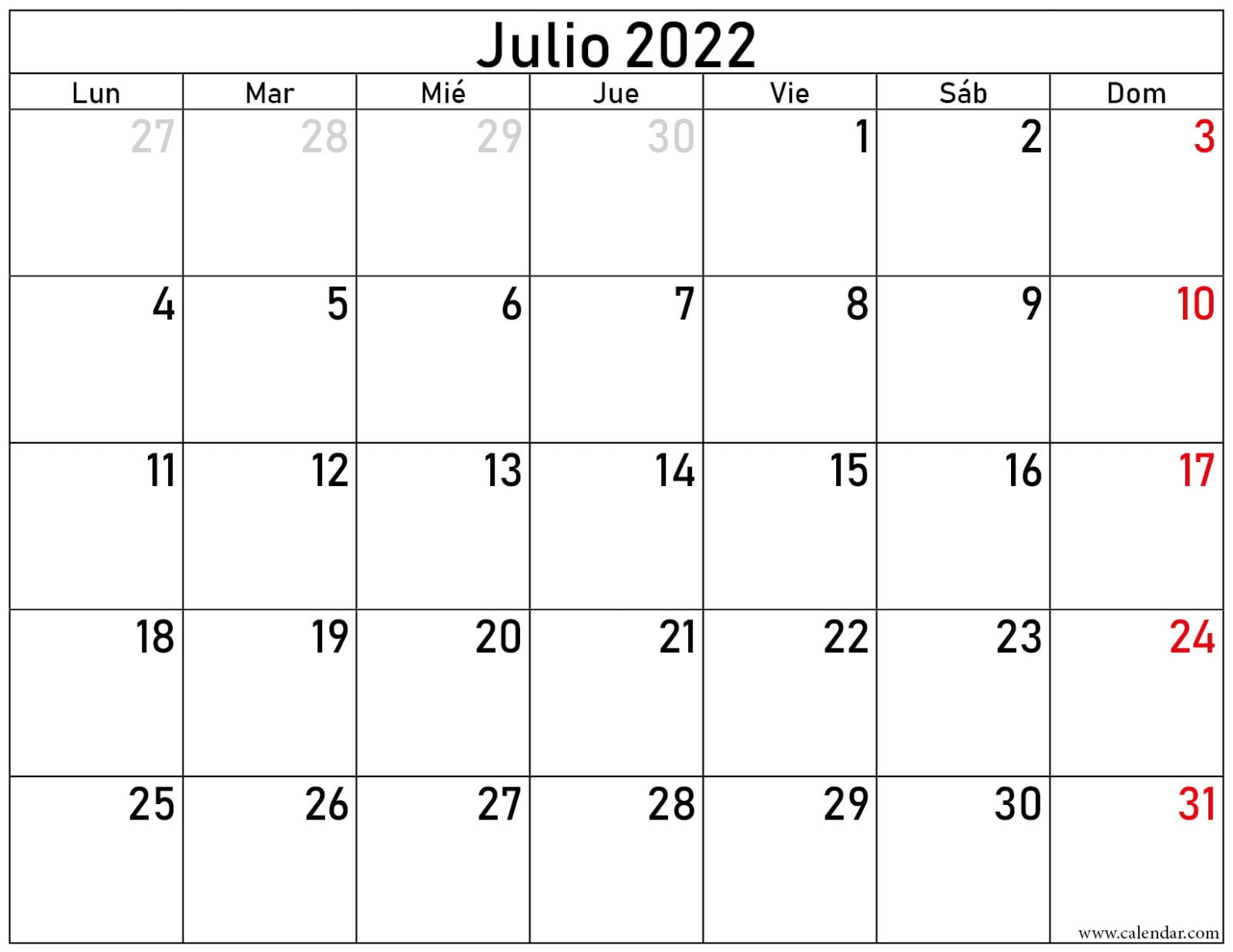 calendario julio 2022