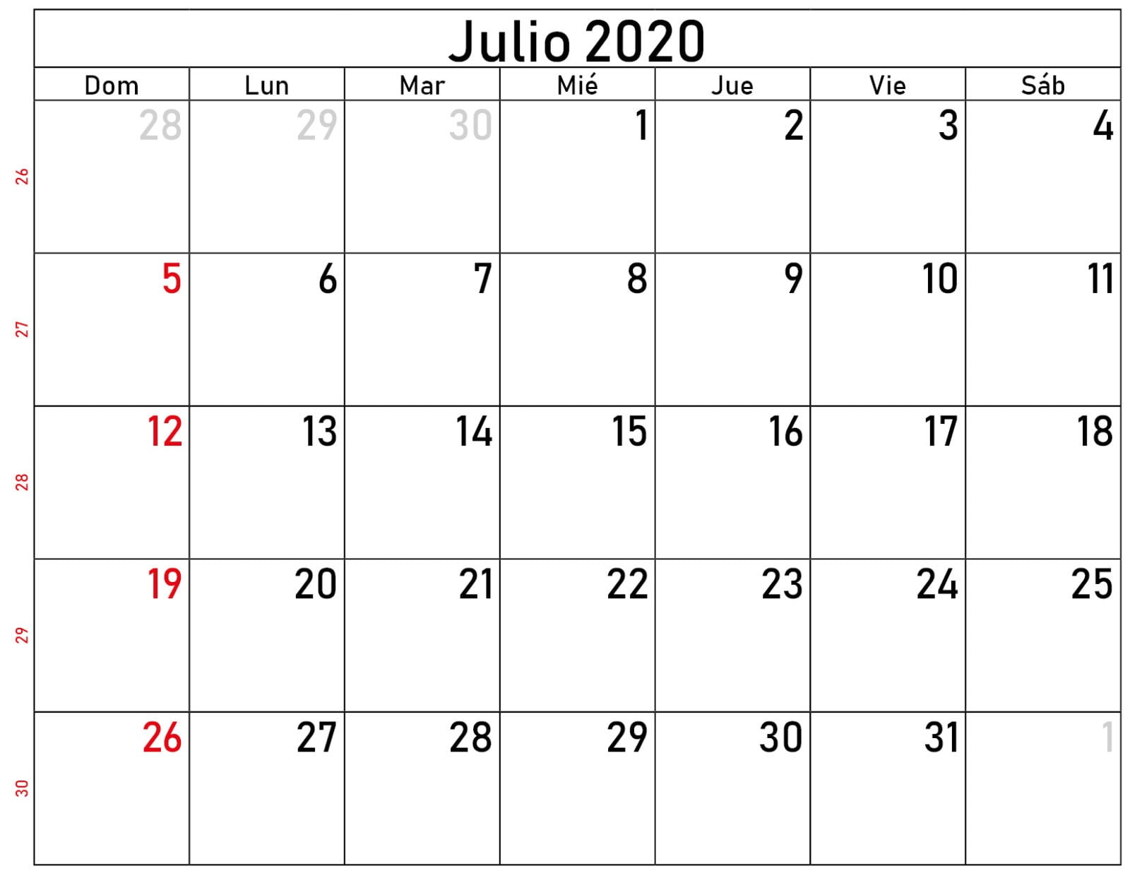 julio 2020 calendario