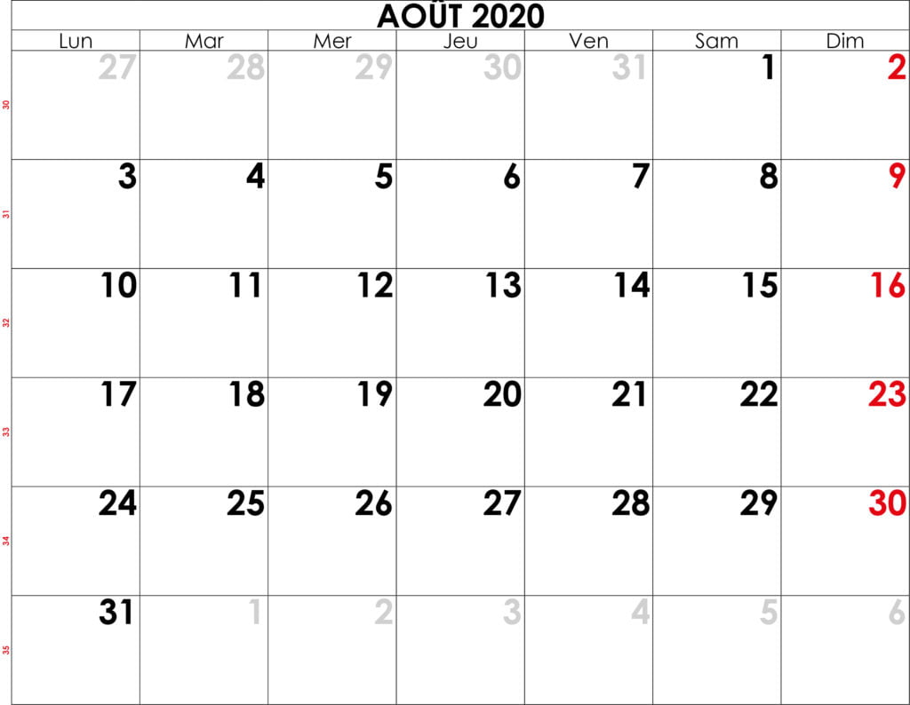 calendrier aout 2020 à imprimer