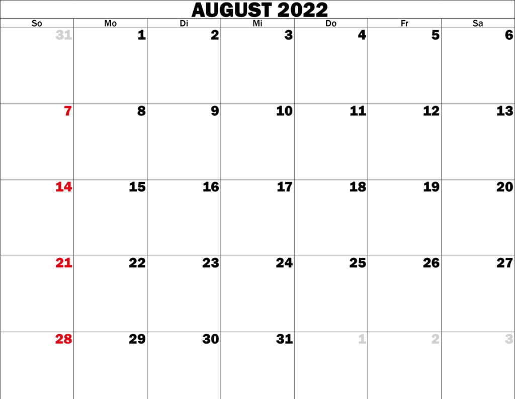 august kalender 2022