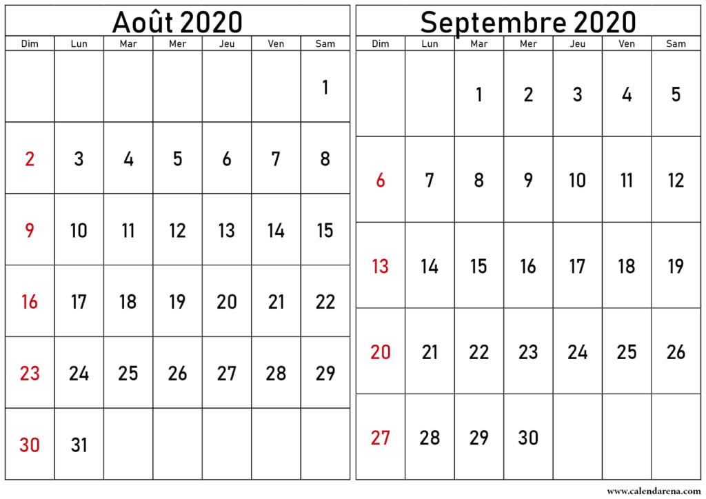 calendrier aout septembre 2020