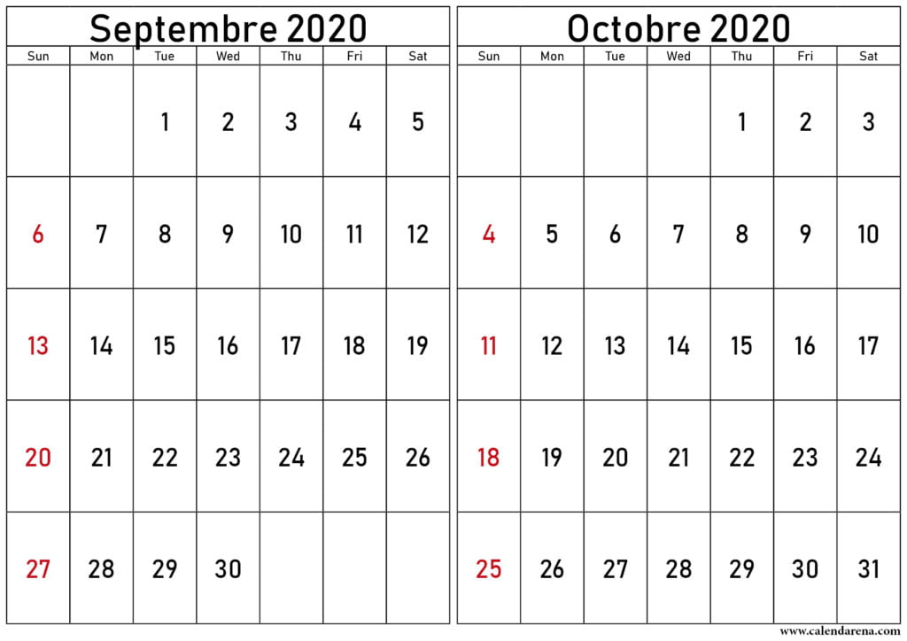 calendrier septembre octobre 2020