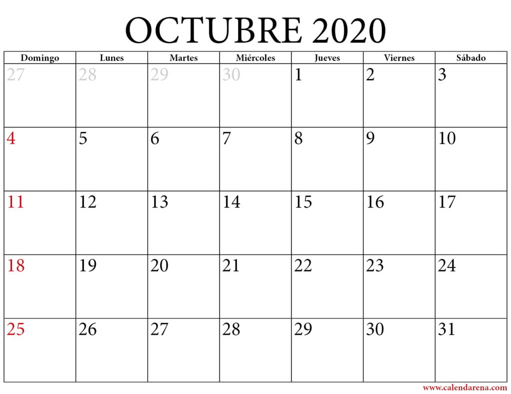 Calendario octubre 2020