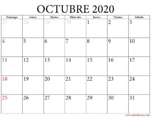 Calendario octubre 2020