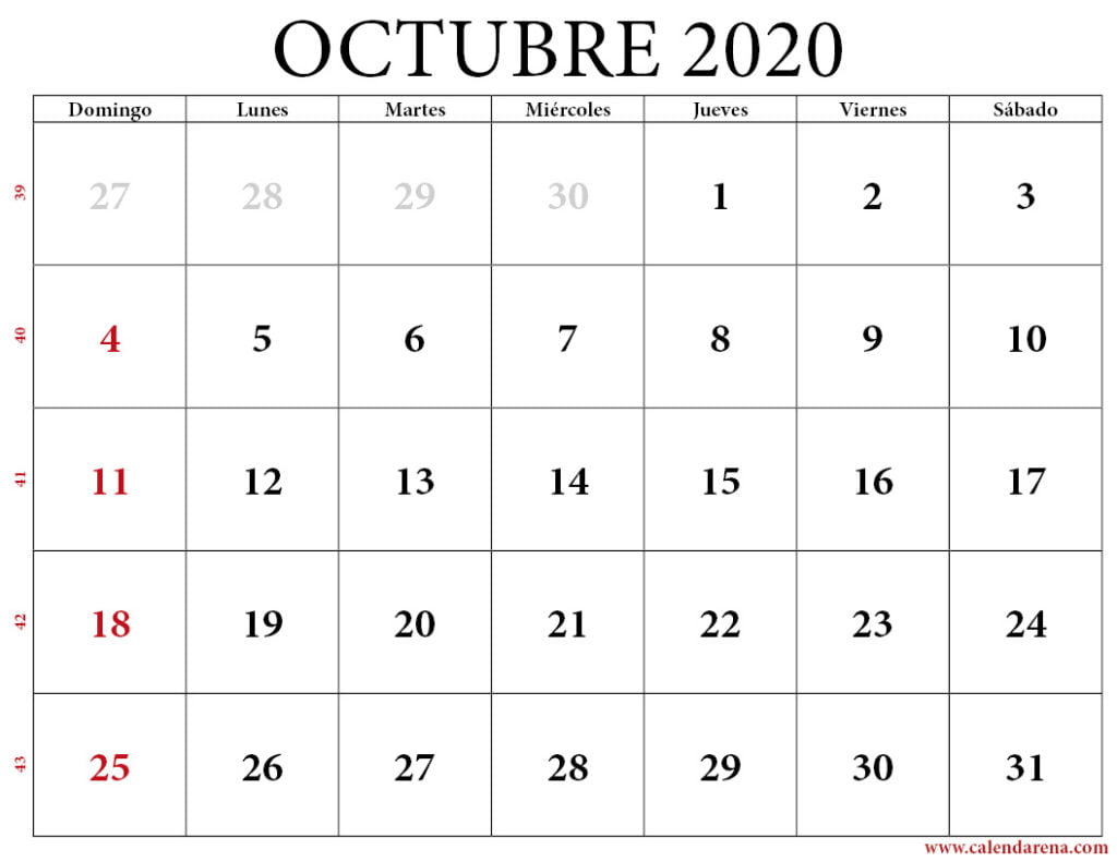 calendario octubre 2020 con festivos