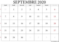 Calendrier de septembre 2020 imprimable