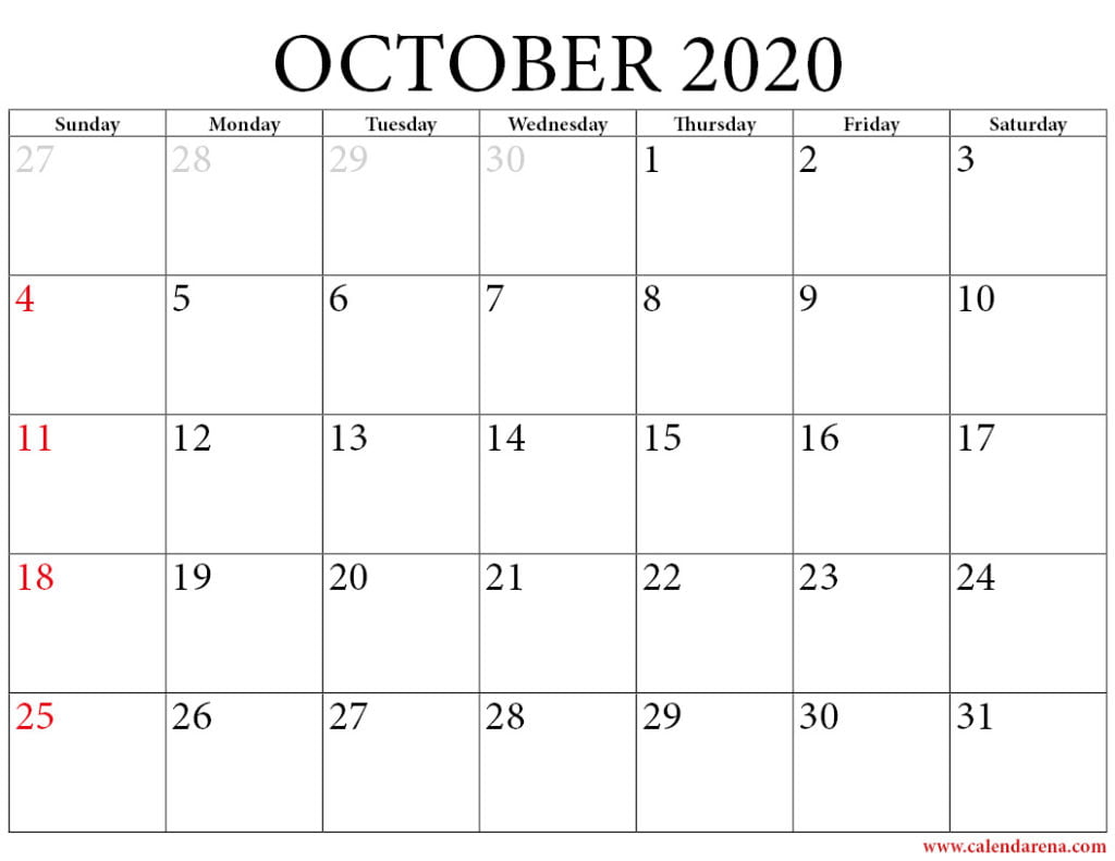 october 2020 calendar