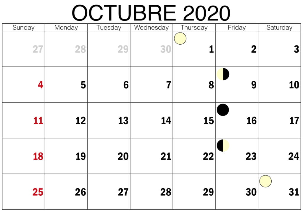 calendario lunar octubre 2020 españa