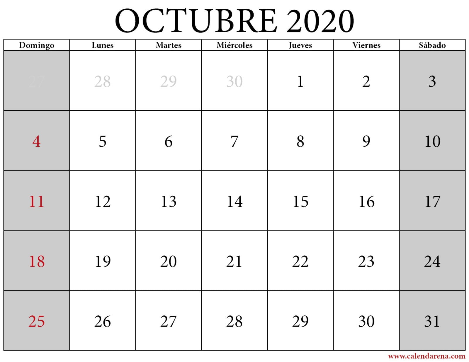 Calendario Mes De Octubre 2020 Descárgalo Gratis