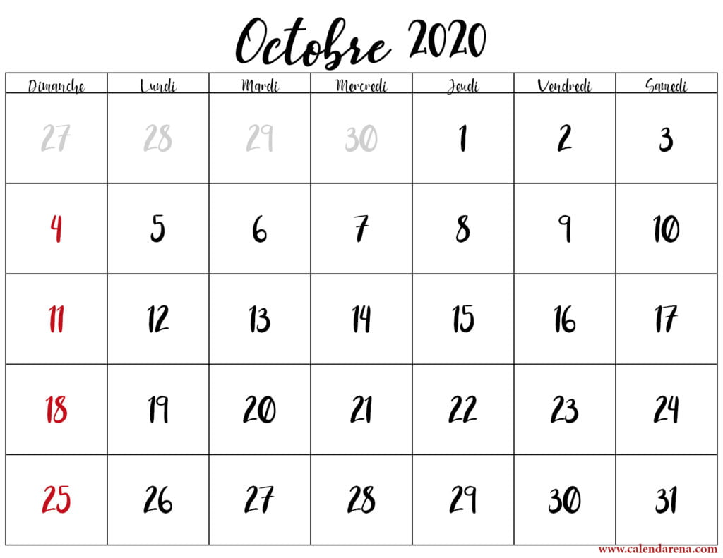 calendrier mensuel octobre 2020
