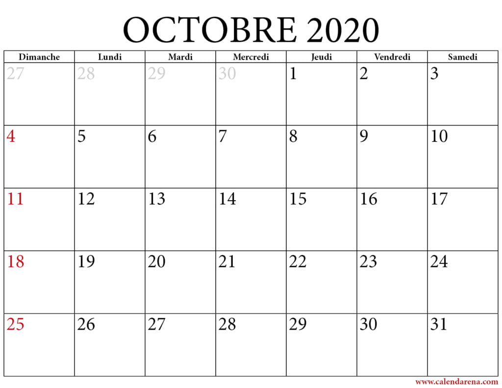 calendrier octobre 2020