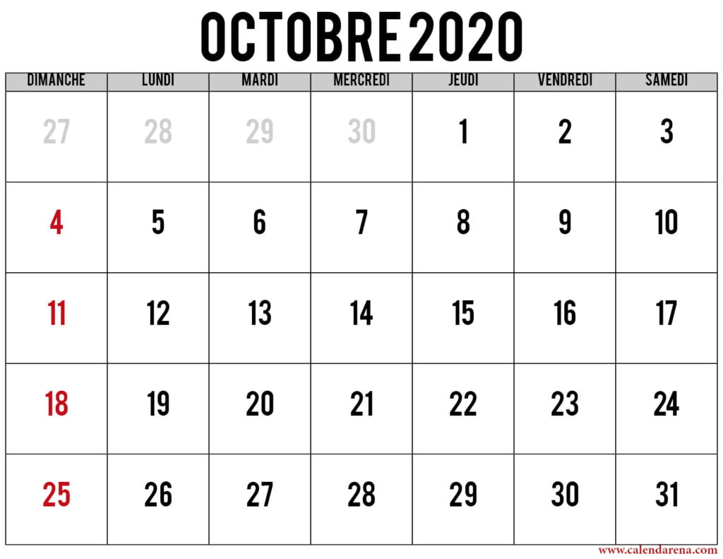 Calendrier octobre 2020 à imprimer