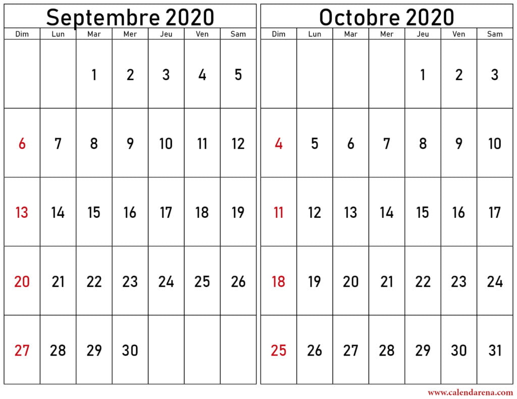 Calendrier septembre octobre 2020