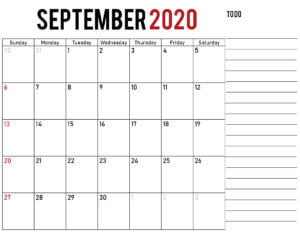 September Calendar 2020 Printable