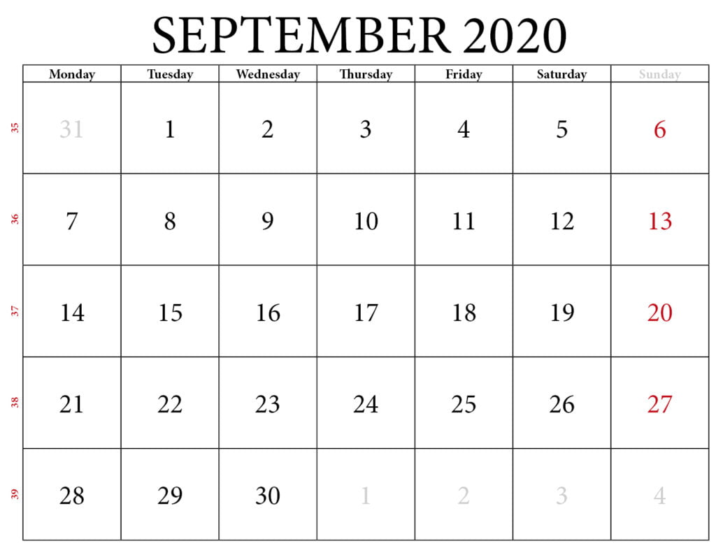 September 2020 calendar printable 