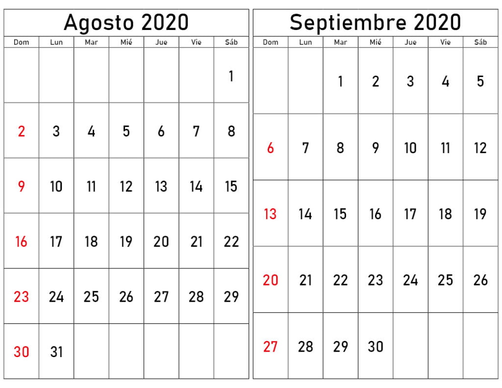 calendario agosto y septiembre 2020