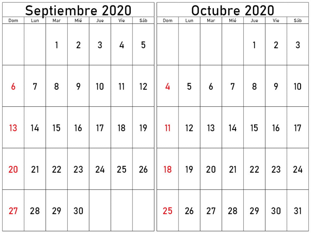 Calendario septiembre y octubre 2020
