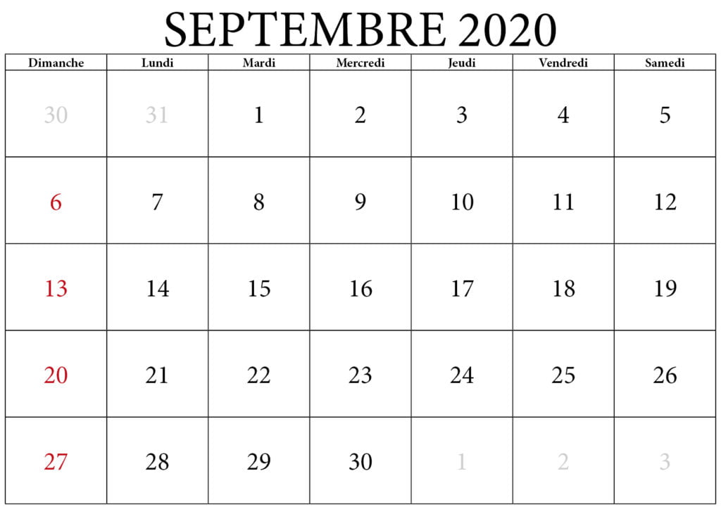 Calendrier septembre 2020