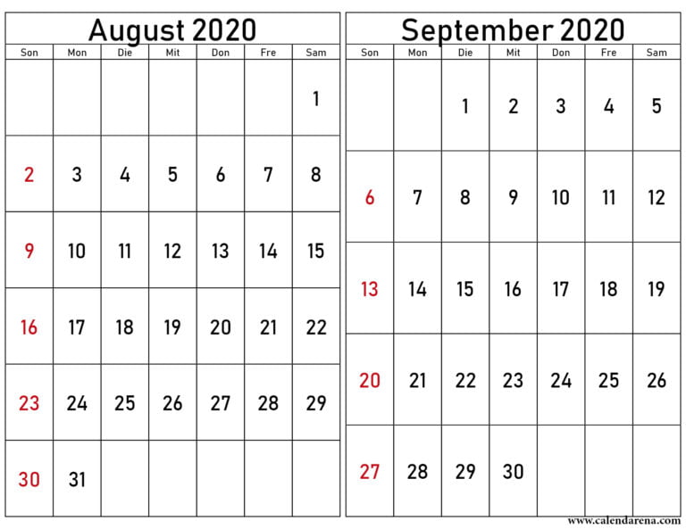 Kalender 2020 August September