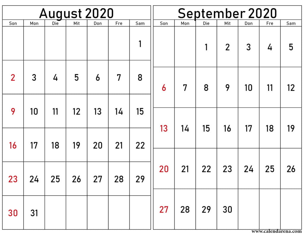kalender august september 2020