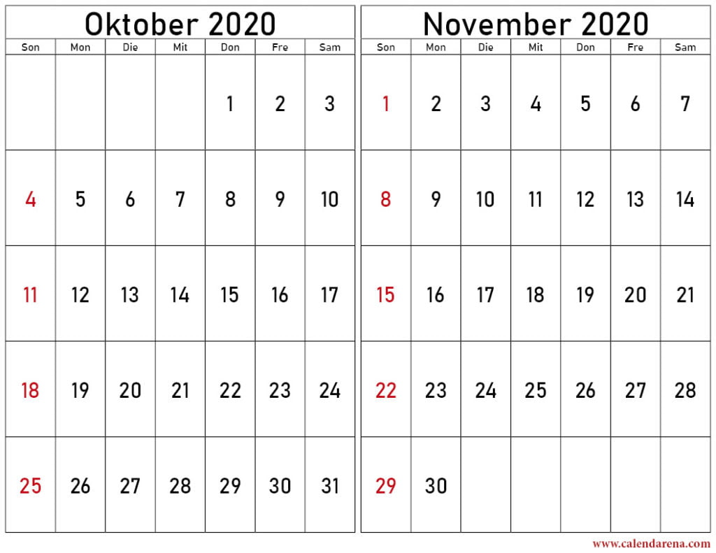Kalender oktober november 2020