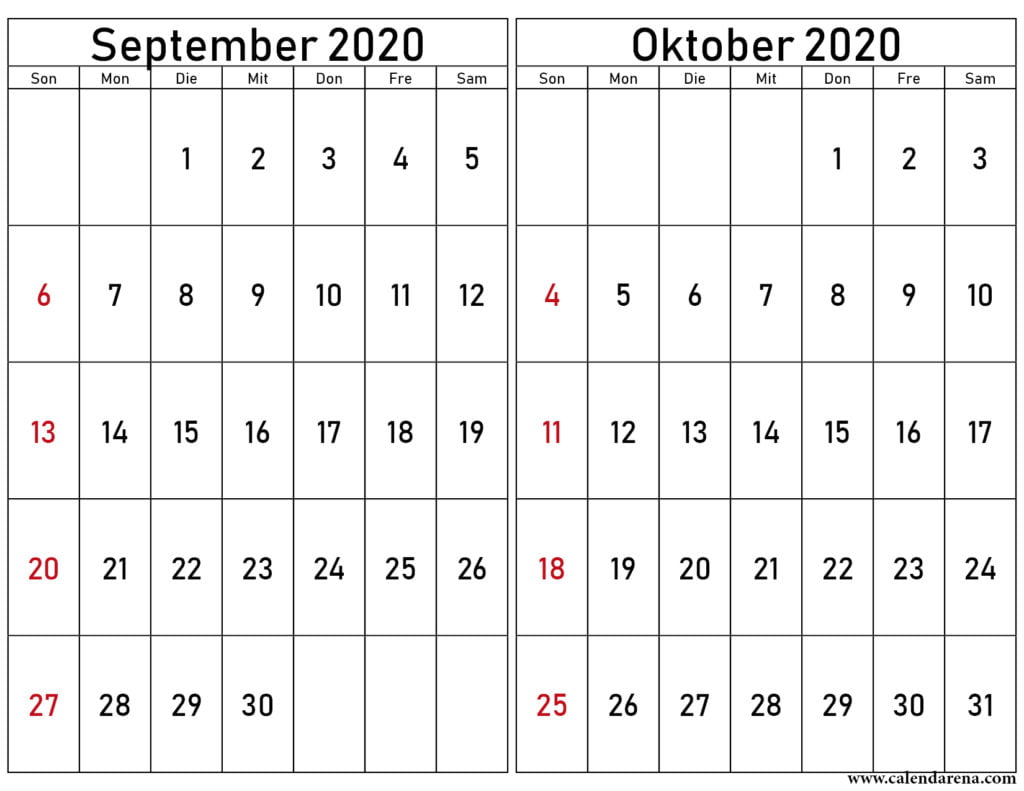 kalender september oktober 2020