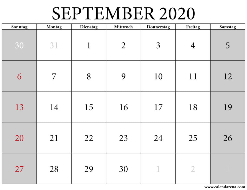 kalenderblatt september 2020
