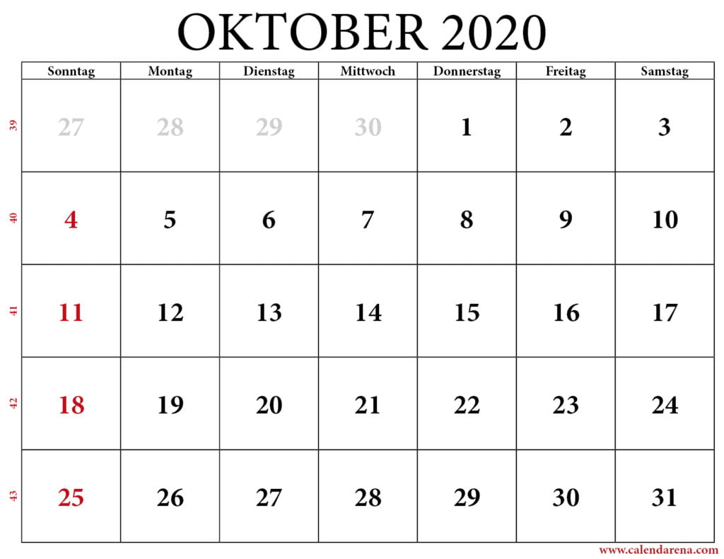 kalenderpedia oktober 2020