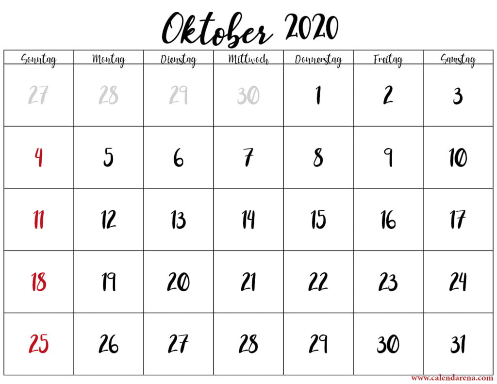leerer Kalender für Oktober 2020