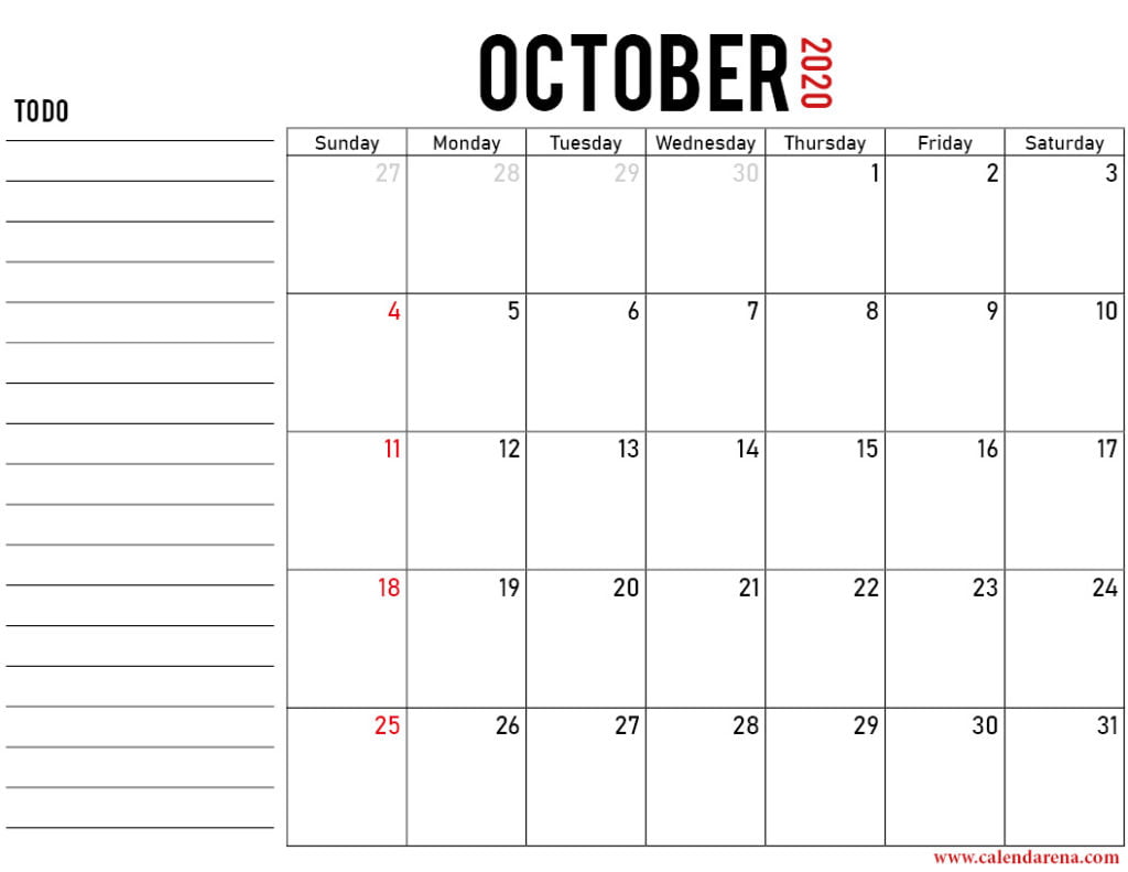 october 2020 printable calendar