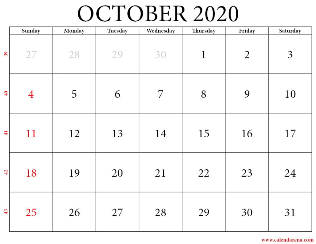 october calendar 2020