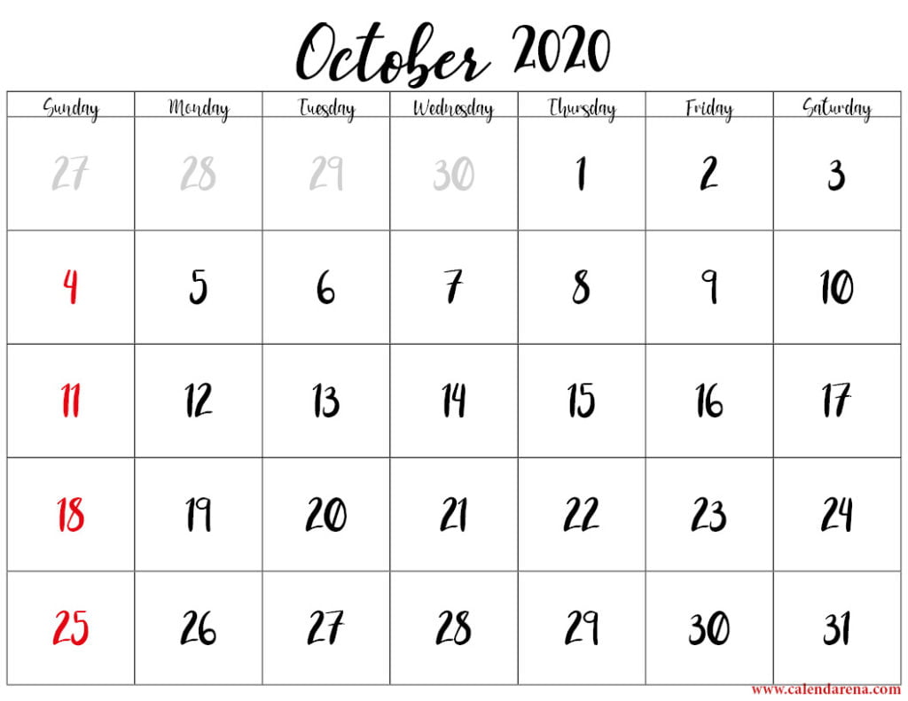october calendar 2020 printable