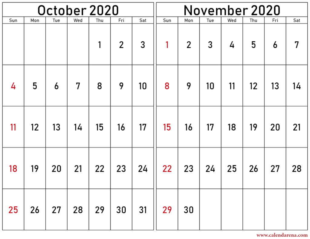 october november 2020 calendar