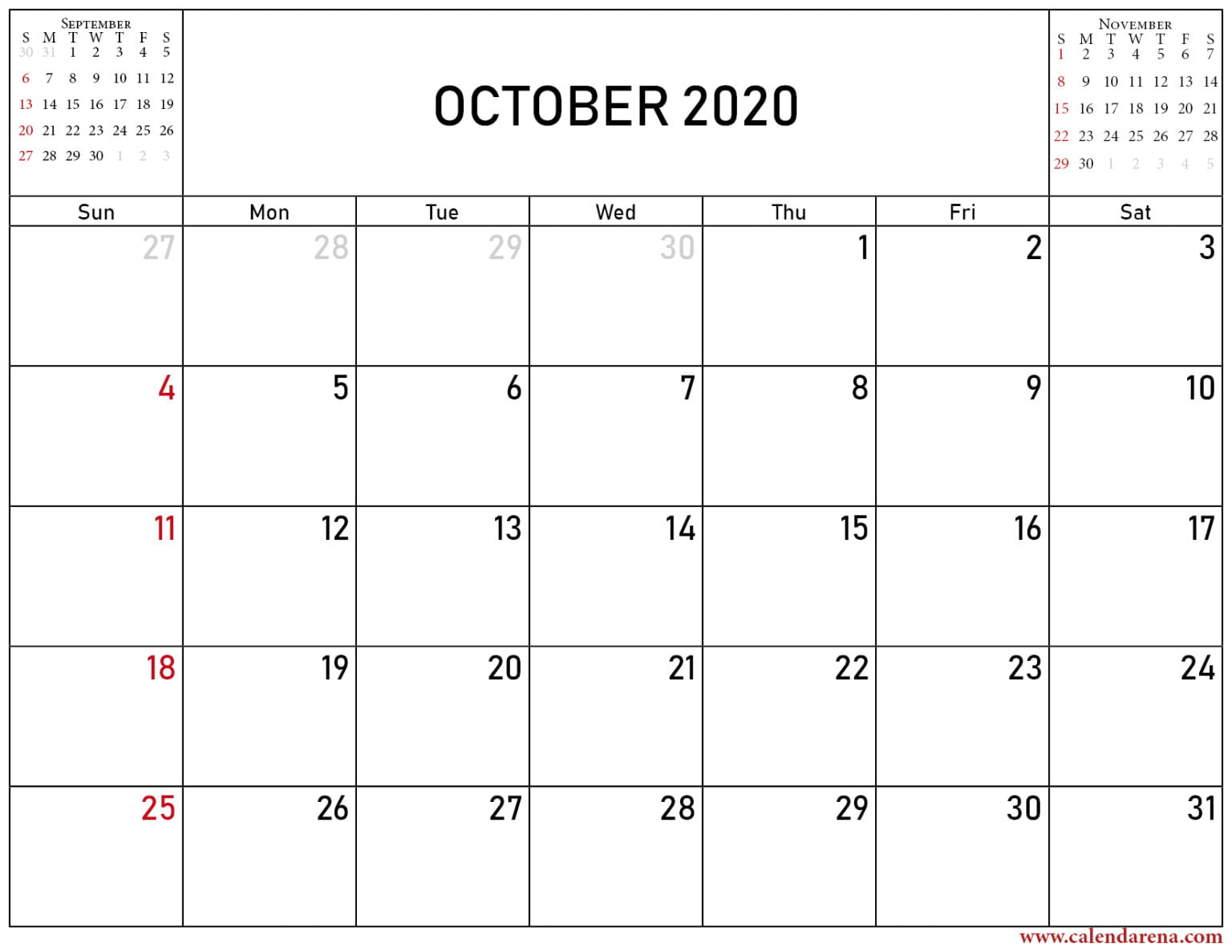 October November December 2020 Calendar