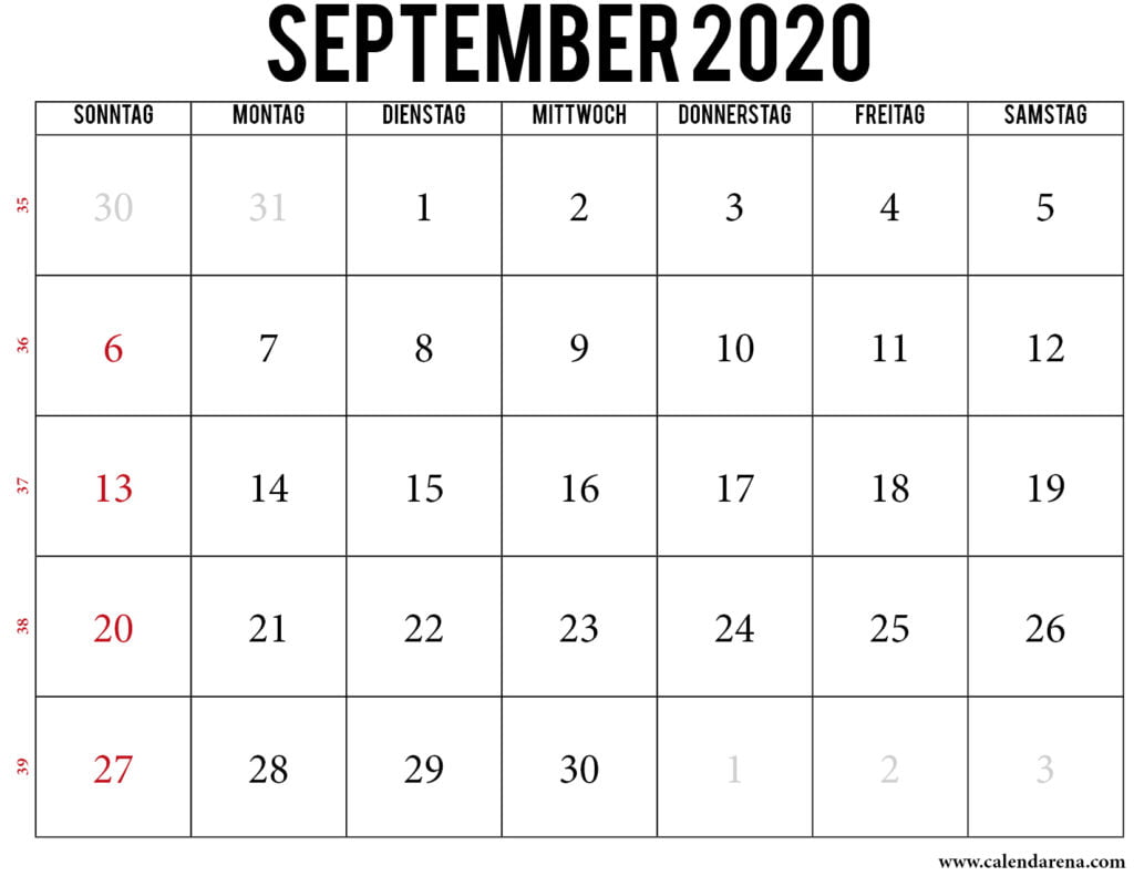 september kalender 2020