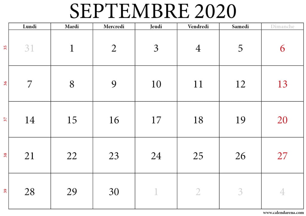 septembre 2020 calendrier
