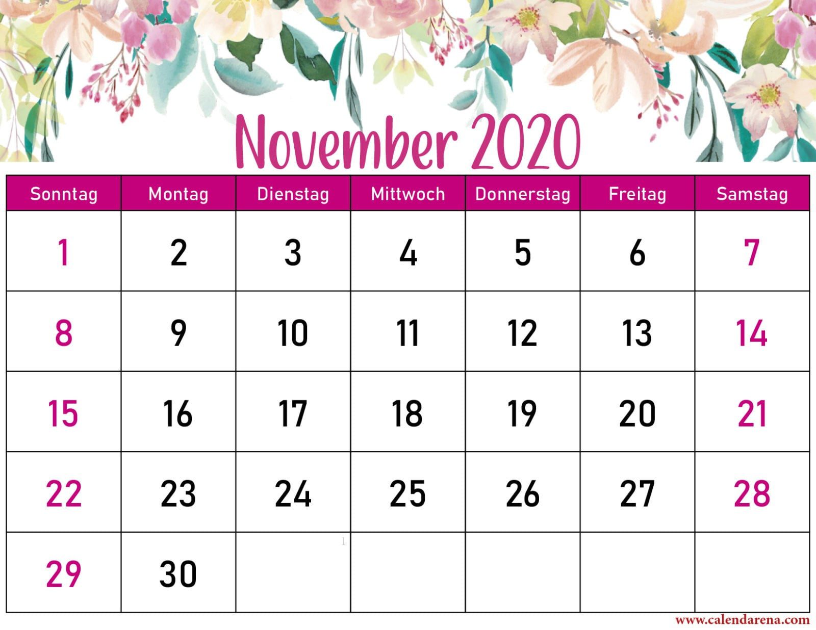 Blumenkalender November 2020 - Calendarena