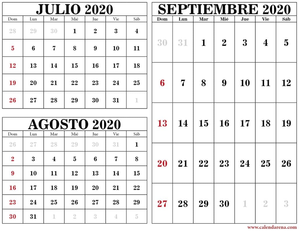Calendario julio agosto septiembre 2020