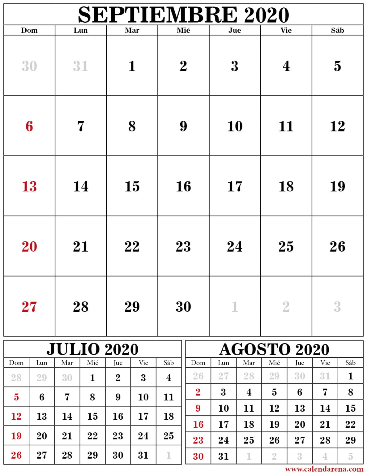 Calendario Julio Agosto Septiembre 2020