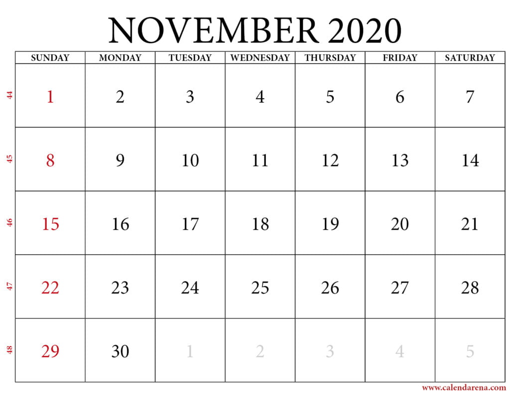 november 2020 calendar printable with weeks