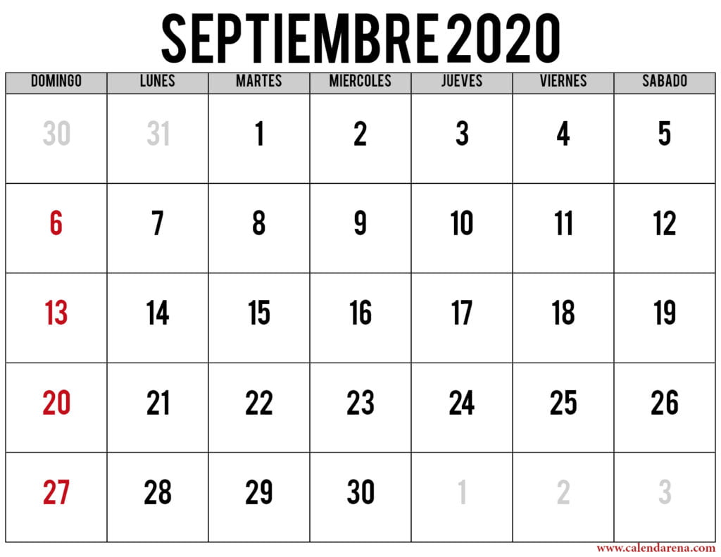 calendario de septiembre del 2020
