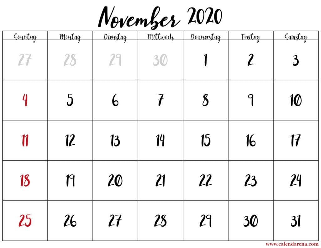 kalender monat november 2020