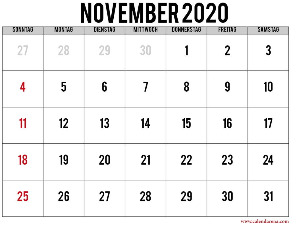 kalender november 2020 mit feiertagen